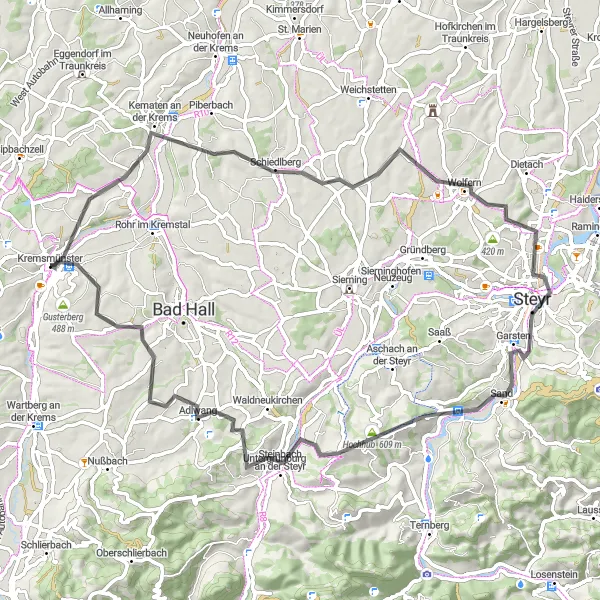 Miniatuurkaart van de fietsinspiratie "Kremsmünster en Steyr Route" in Oberösterreich, Austria. Gemaakt door de Tarmacs.app fietsrouteplanner