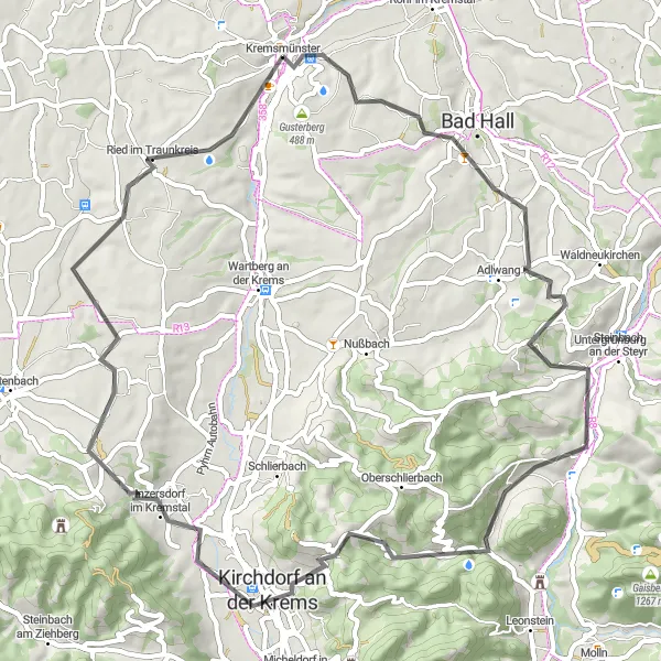 Miniatua del mapa de inspiración ciclista "Ruta de Ciclismo de Carretera Kremsmünster - Sonnkogel - Oberburgfried" en Oberösterreich, Austria. Generado por Tarmacs.app planificador de rutas ciclistas