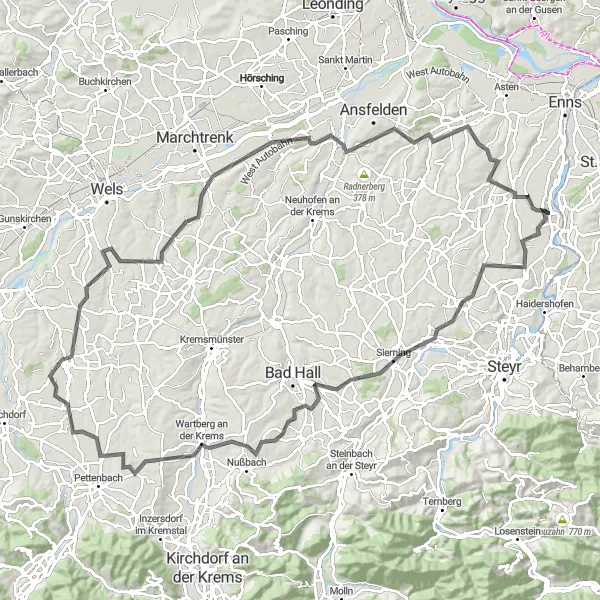 Map miniature of "Kronstorf Circuit Road Bike Route" cycling inspiration in Oberösterreich, Austria. Generated by Tarmacs.app cycling route planner