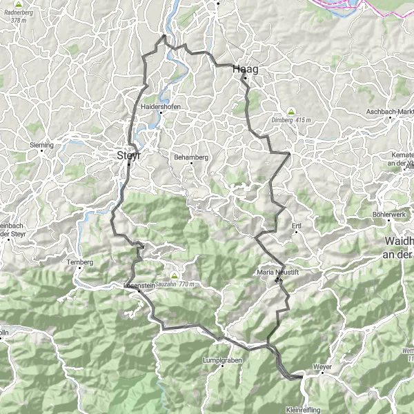 Miniaturní mapa "Kronstorf - Ernsthofen - Weistrach - Großebenkogel - Maria Neustift - Falkenstein - Großraming - Reichraming - Kronstein - Steyr - Tabor - Stadlkirchen" inspirace pro cyklisty v oblasti Oberösterreich, Austria. Vytvořeno pomocí plánovače tras Tarmacs.app