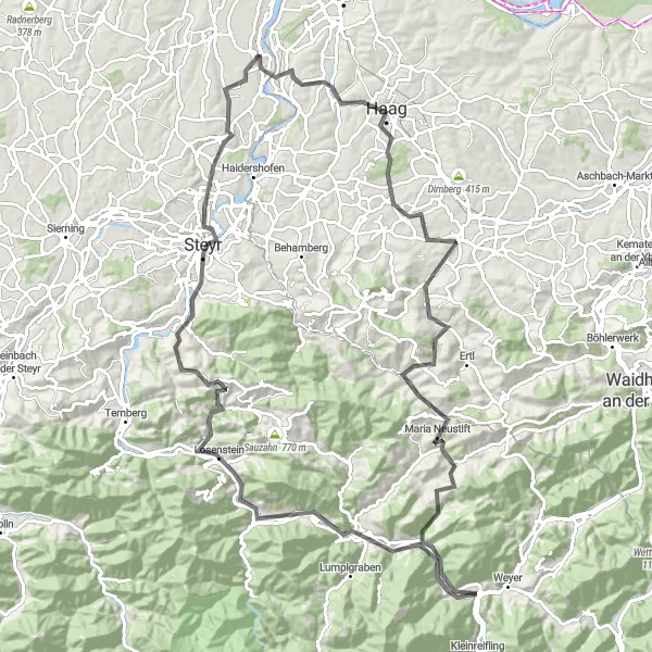 Karten-Miniaturansicht der Radinspiration "Kronstorf - Ernsthofen - Weistrach - Großebenkogel - Maria Neustift - Falkenstein - Großraming - Reichraming - Kronstein - Steyr - Tabor - Stadlkirchen" in Oberösterreich, Austria. Erstellt vom Tarmacs.app-Routenplaner für Radtouren