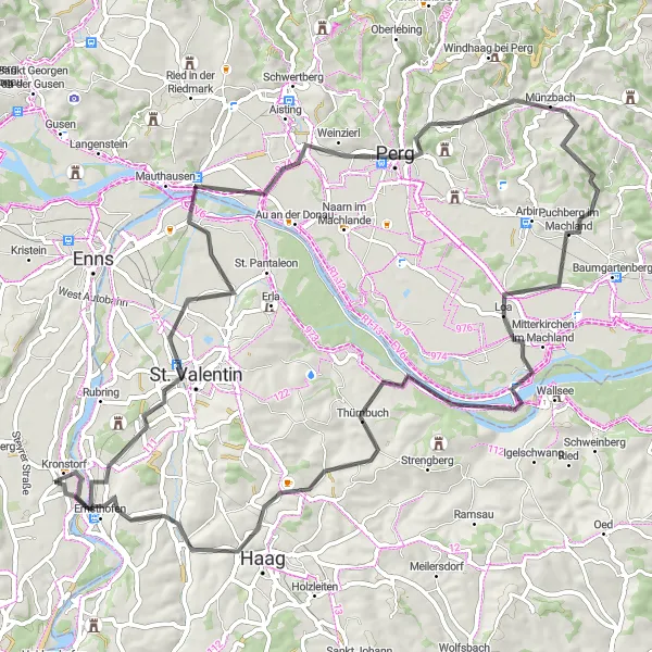 Miniatura della mappa di ispirazione al ciclismo "Esplorazione dell'Altopiano di Kronstorf" nella regione di Oberösterreich, Austria. Generata da Tarmacs.app, pianificatore di rotte ciclistiche