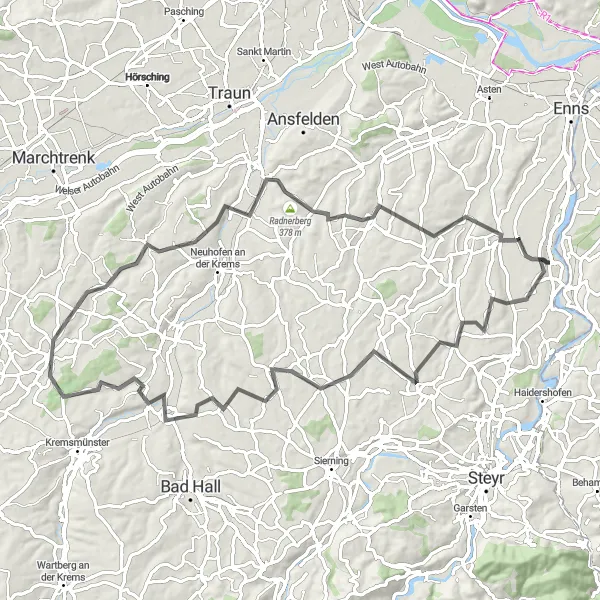 Miniature de la carte de l'inspiration cycliste "Tour panoramique de Kronstorf à Hargelsberg" dans la Oberösterreich, Austria. Générée par le planificateur d'itinéraire cycliste Tarmacs.app