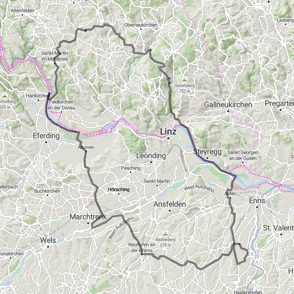 Miniatuurkaart van de fietsinspiratie "Avontuurlijke fietstocht van Hargelsberg naar Schloss Tyllisburg" in Oberösterreich, Austria. Gemaakt door de Tarmacs.app fietsrouteplanner