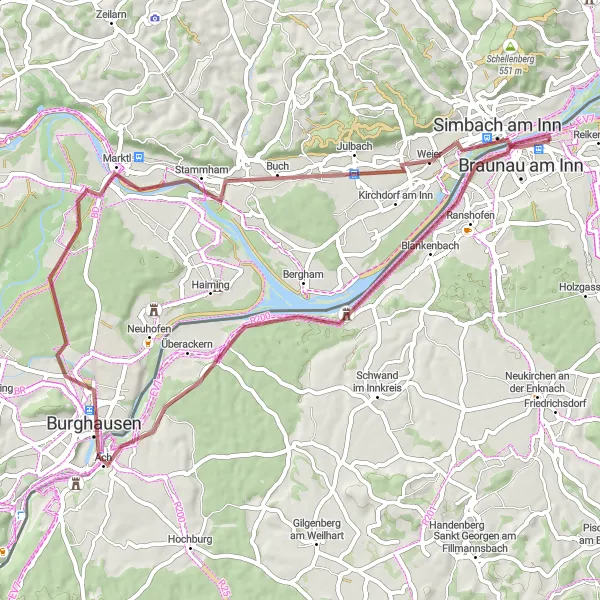Kartminiatyr av "Braunau Biking Loop" sykkelinspirasjon i Oberösterreich, Austria. Generert av Tarmacs.app sykkelrutoplanlegger