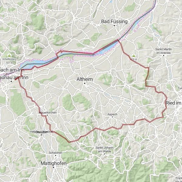 Map miniature of "The Ering Loop" cycling inspiration in Oberösterreich, Austria. Generated by Tarmacs.app cycling route planner