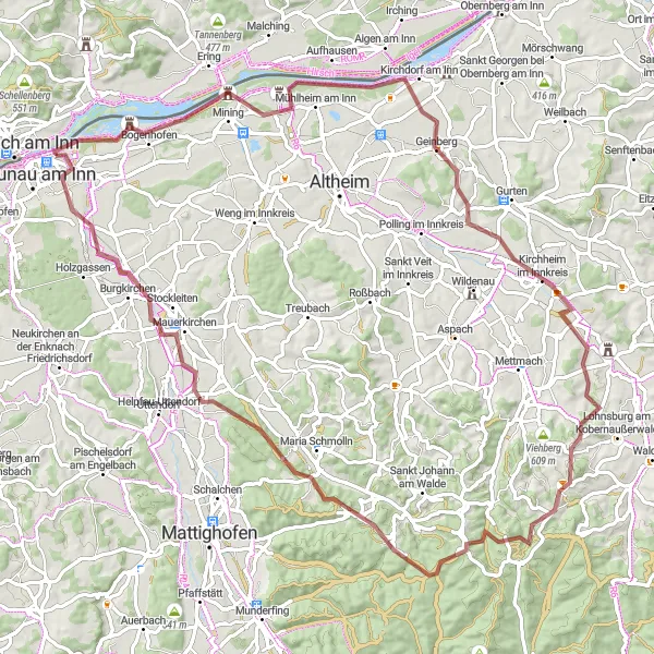 Miniatua del mapa de inspiración ciclista "Explorando el Bosque Kobernaußerwald en Grava" en Oberösterreich, Austria. Generado por Tarmacs.app planificador de rutas ciclistas