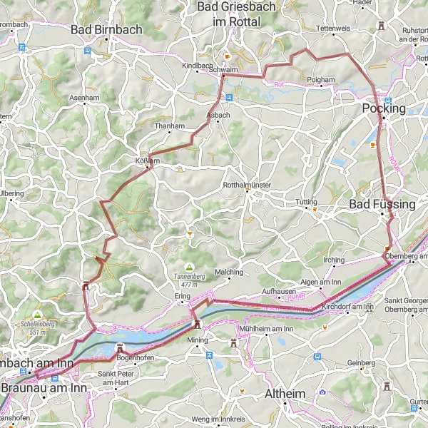 Miniatura della mappa di ispirazione al ciclismo "Esplorazione gravel da Braunau am Inn a Höft" nella regione di Oberösterreich, Austria. Generata da Tarmacs.app, pianificatore di rotte ciclistiche