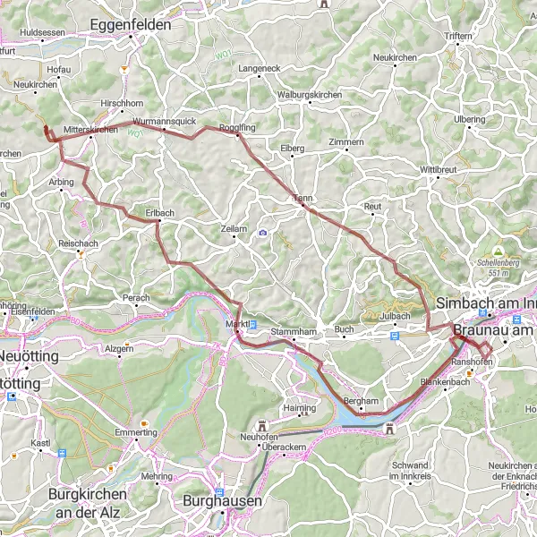 Miniatua del mapa de inspiración ciclista "Ruta Escénica del Río Inn en Grava" en Oberösterreich, Austria. Generado por Tarmacs.app planificador de rutas ciclistas