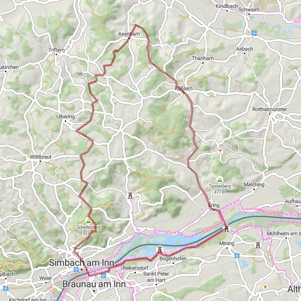 Mapa miniatúra "Cyklotúra Simbach am Inn - Ering" cyklistická inšpirácia v Oberösterreich, Austria. Vygenerované cyklistickým plánovačom trás Tarmacs.app