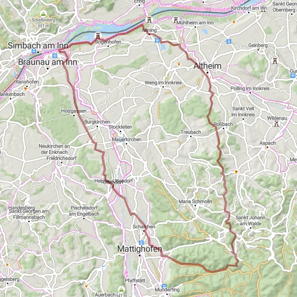 Map miniature of "Schloss Hagenau Gravel Route" cycling inspiration in Oberösterreich, Austria. Generated by Tarmacs.app cycling route planner