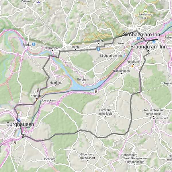 Miniatua del mapa de inspiración ciclista "Ruta de ciclismo de carretera Braunau am Inn - Simbach am Inn" en Oberösterreich, Austria. Generado por Tarmacs.app planificador de rutas ciclistas