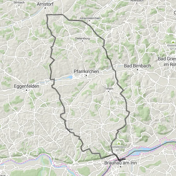 Miniatura della mappa di ispirazione al ciclismo "Avventura in bicicletta da Simbach am Inn a Braunau am Inn" nella regione di Oberösterreich, Austria. Generata da Tarmacs.app, pianificatore di rotte ciclistiche