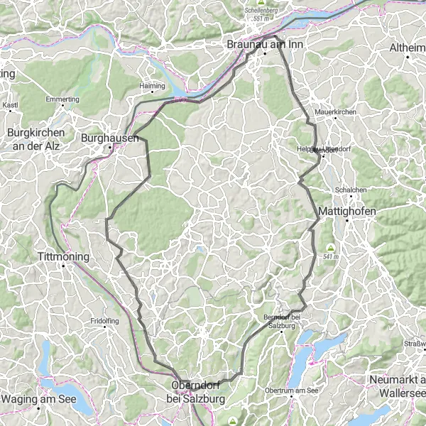 Kartminiatyr av "Salzach Circuit Adventure" sykkelinspirasjon i Oberösterreich, Austria. Generert av Tarmacs.app sykkelrutoplanlegger