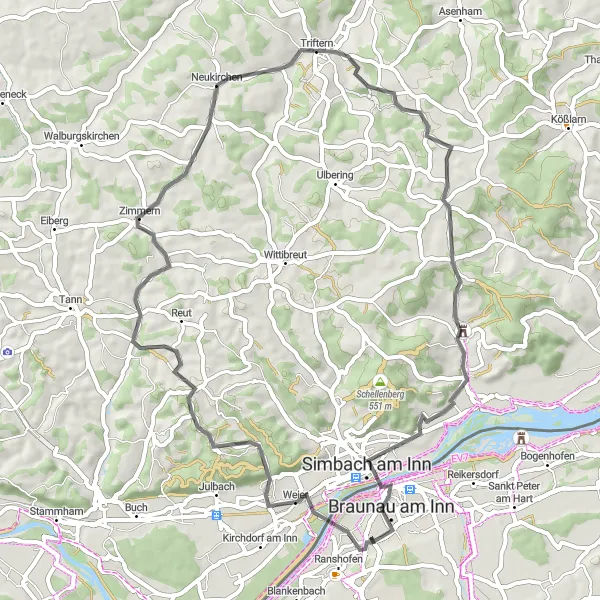Miniatura della mappa di ispirazione al ciclismo "Giro in bicicletta da Laab a Braunau am Inn e ritorno" nella regione di Oberösterreich, Austria. Generata da Tarmacs.app, pianificatore di rotte ciclistiche