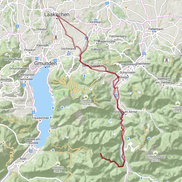 Zemljevid v pomanjšavi "Gravel avantura v okolici Laakirchena" kolesarske inspiracije v Oberösterreich, Austria. Generirano z načrtovalcem kolesarskih poti Tarmacs.app