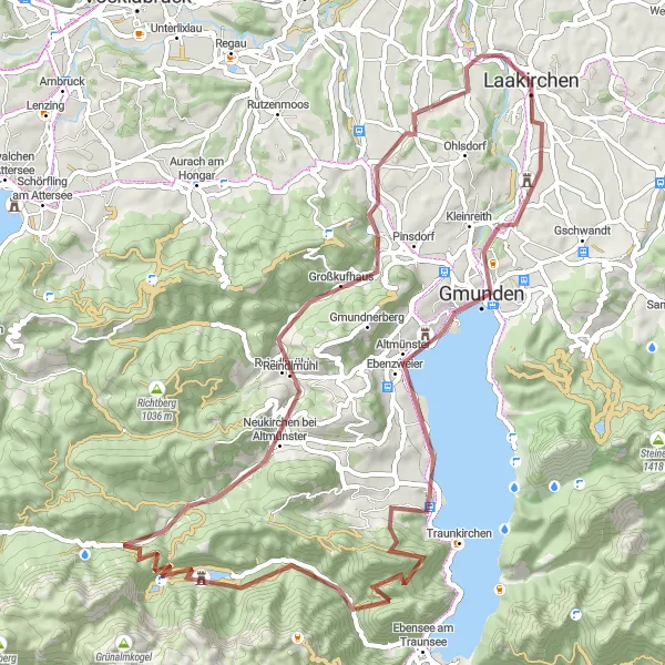 Miniaturní mapa "Gravelová trasa kolem Gmundenu" inspirace pro cyklisty v oblasti Oberösterreich, Austria. Vytvořeno pomocí plánovače tras Tarmacs.app