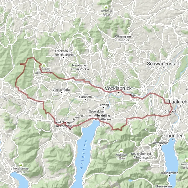 Zemljevid v pomanjšavi "Attergau Gravel Adventure" kolesarske inspiracije v Oberösterreich, Austria. Generirano z načrtovalcem kolesarskih poti Tarmacs.app