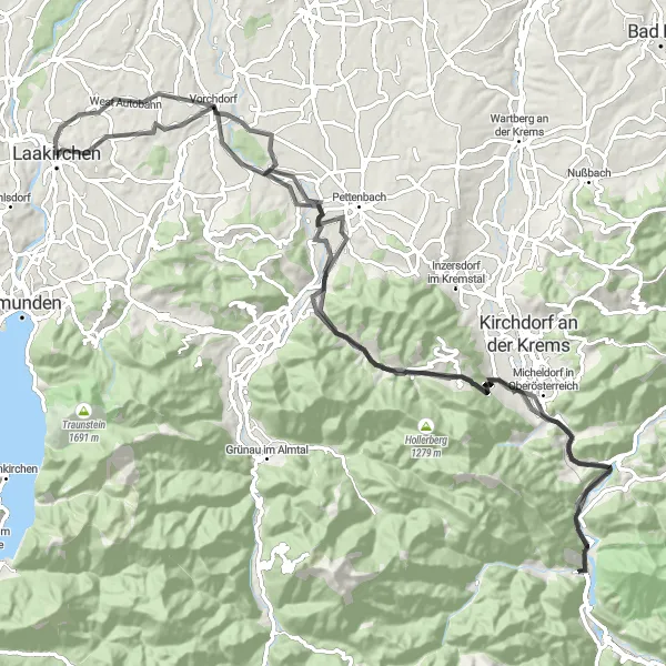 Map miniature of "Cultural Road Cycling Tour to Schloss Hochhaus" cycling inspiration in Oberösterreich, Austria. Generated by Tarmacs.app cycling route planner