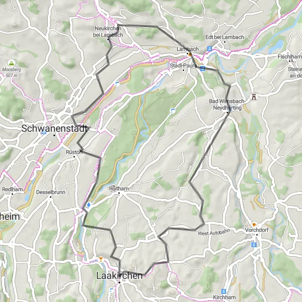 Miniatua del mapa de inspiración ciclista "Circuito de los Pueblos" en Oberösterreich, Austria. Generado por Tarmacs.app planificador de rutas ciclistas