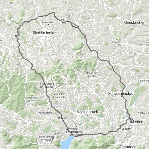Zemljevid v pomanjšavi "Hausruck Loop" kolesarske inspiracije v Oberösterreich, Austria. Generirano z načrtovalcem kolesarskih poti Tarmacs.app