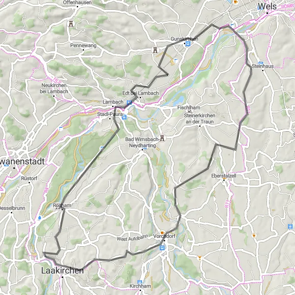 Miniatua del mapa de inspiración ciclista "Ruta a través de Lambach y Vorchdorf" en Oberösterreich, Austria. Generado por Tarmacs.app planificador de rutas ciclistas