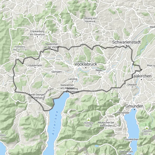 Miniatura della mappa di ispirazione al ciclismo "Tour ciclistico dell'Attersee" nella regione di Oberösterreich, Austria. Generata da Tarmacs.app, pianificatore di rotte ciclistiche