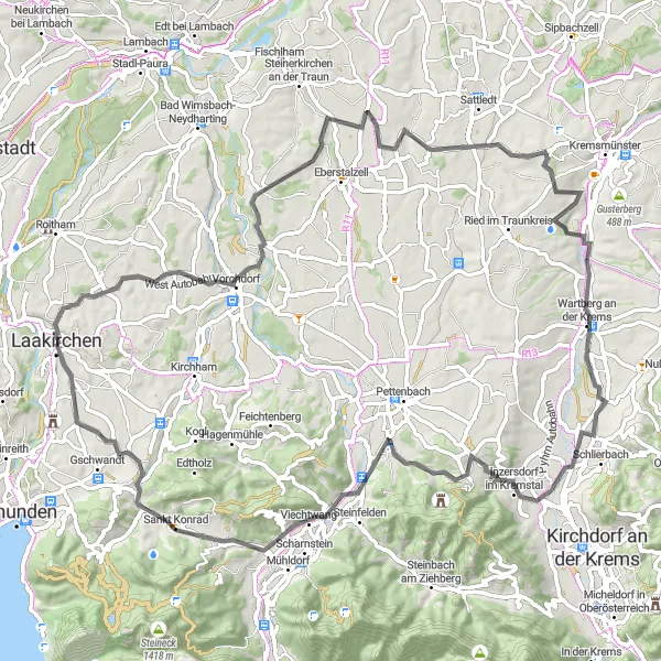 Miniatura della mappa di ispirazione al ciclismo "Giro in bicicletta Laakirchen - Vorchdorf - Steinerkirchen/Traun Atzmannsdorf - Wartberg an der Krems - Kaibling - Schloss Scharnstein - Laakirchen" nella regione di Oberösterreich, Austria. Generata da Tarmacs.app, pianificatore di rotte ciclistiche