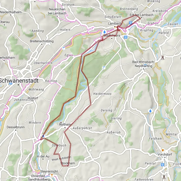 Miniatua del mapa de inspiración ciclista "Ruta de ciclismo de grava cerca de Lambach" en Oberösterreich, Austria. Generado por Tarmacs.app planificador de rutas ciclistas