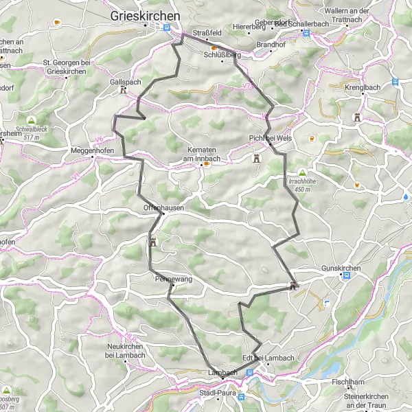 Miniatura mapy "Wyzwania na trasie road wokół Lambach" - trasy rowerowej w Oberösterreich, Austria. Wygenerowane przez planer tras rowerowych Tarmacs.app