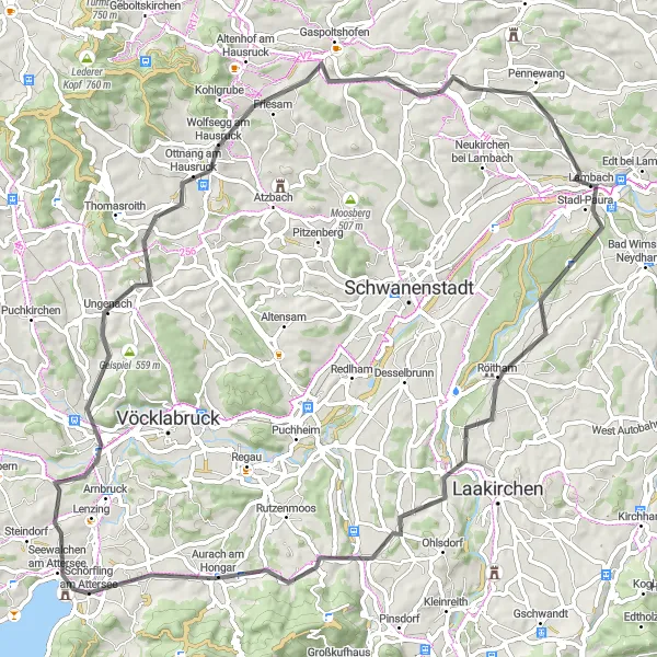 Karttaminiaatyyri "Lambach - Krailberg Route" pyöräilyinspiraatiosta alueella Oberösterreich, Austria. Luotu Tarmacs.app pyöräilyreittisuunnittelijalla
