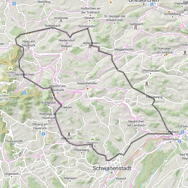 Mapa miniatúra "Jazda cez Aistersheim a Pennewang" cyklistická inšpirácia v Oberösterreich, Austria. Vygenerované cyklistickým plánovačom trás Tarmacs.app