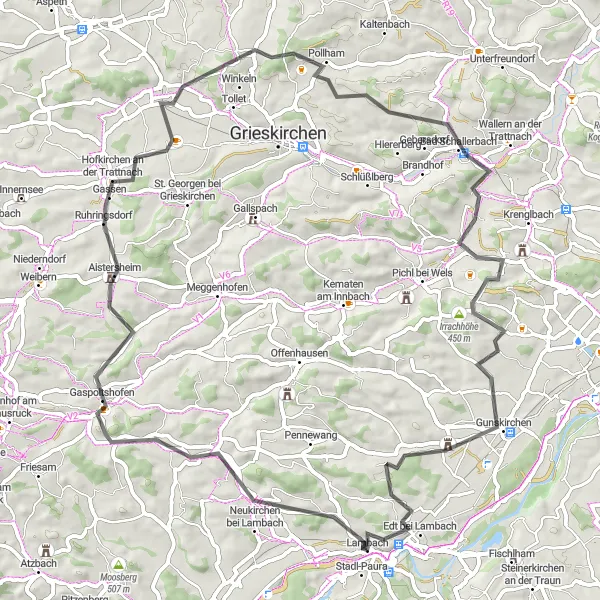 Miniatua del mapa de inspiración ciclista "Ruta de ciclismo de carretera cerca de Lambach" en Oberösterreich, Austria. Generado por Tarmacs.app planificador de rutas ciclistas