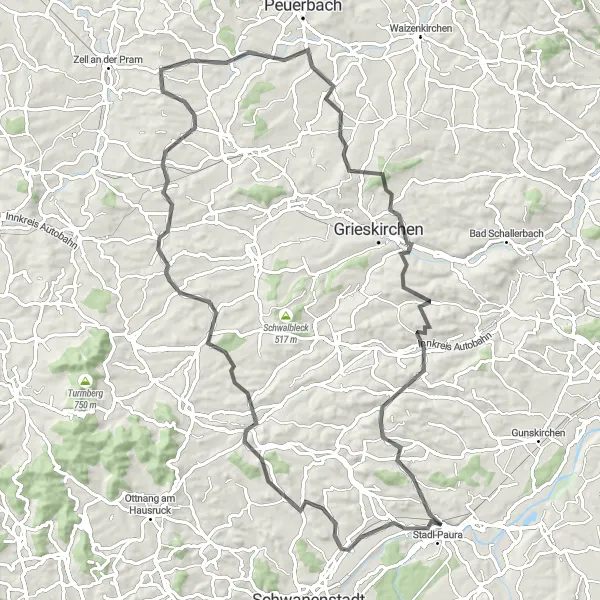 Zemljevid v pomanjšavi "Krožna kolesarska pot od Lambacha do Stadl-Paure" kolesarske inspiracije v Oberösterreich, Austria. Generirano z načrtovalcem kolesarskih poti Tarmacs.app