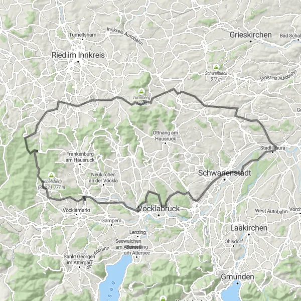 Kartminiatyr av "Kulturell Opplevelse fra Lambach til Vöcklabruck med flere stopp" sykkelinspirasjon i Oberösterreich, Austria. Generert av Tarmacs.app sykkelrutoplanlegger