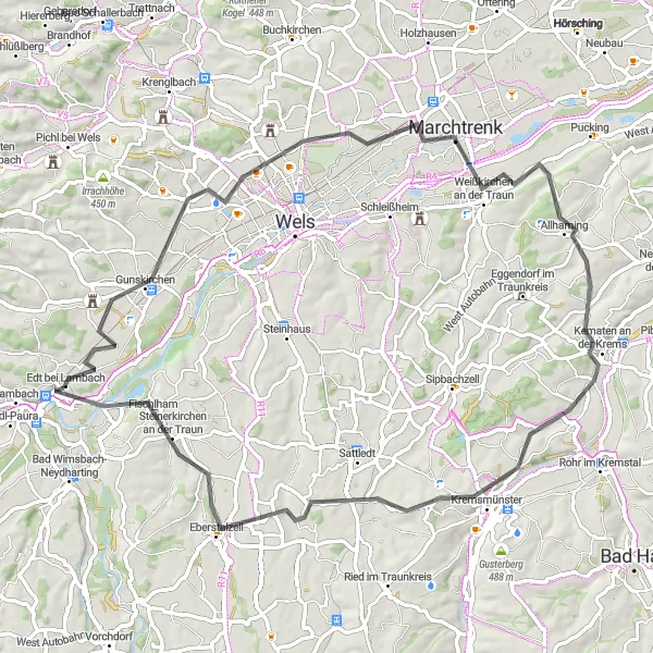 Zemljevid v pomanjšavi "Pot od Lambacha do Gunskirchena - Marchtrenk - Allhaming - Alter Steinbruch - Fischlham" kolesarske inspiracije v Oberösterreich, Austria. Generirano z načrtovalcem kolesarskih poti Tarmacs.app