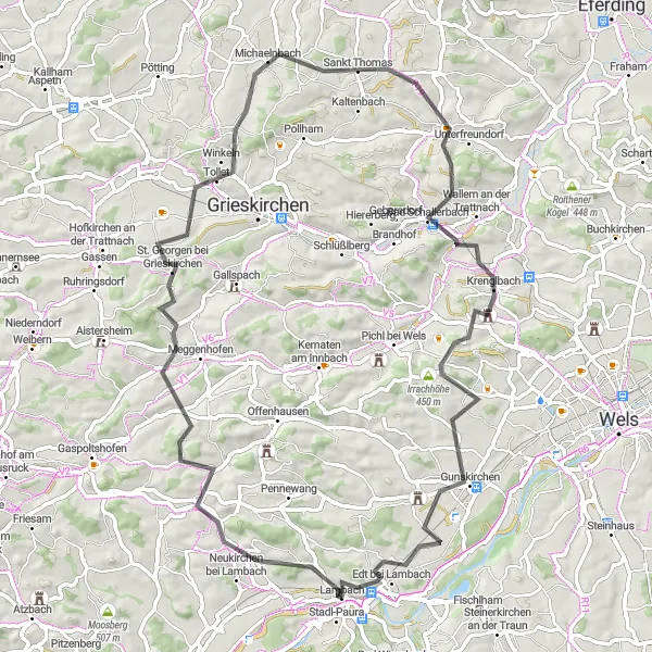 Miniatua del mapa de inspiración ciclista "Excursión en carretera a Stadl-Paura" en Oberösterreich, Austria. Generado por Tarmacs.app planificador de rutas ciclistas