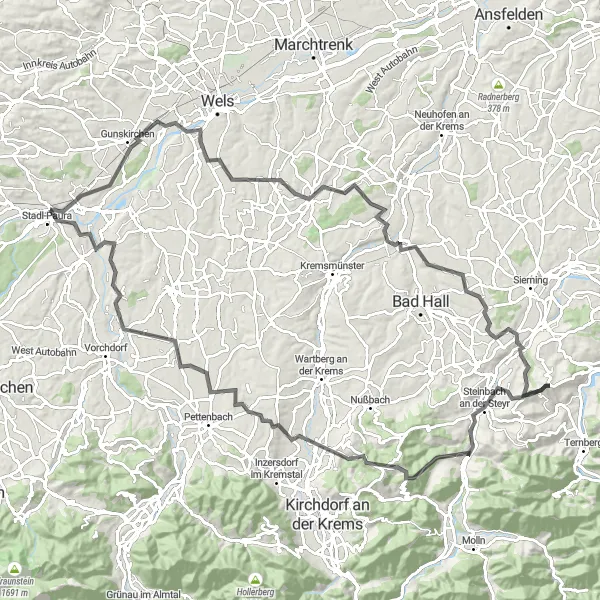 Miniaturní mapa "Výzva pro zdatné cyklisty kolem Lambachu" inspirace pro cyklisty v oblasti Oberösterreich, Austria. Vytvořeno pomocí plánovače tras Tarmacs.app