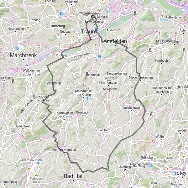 Miniatuurkaart van de fietsinspiratie "Langholzfeld - Ansfelden - Eichkogel - Niederneukirchen - Allhaming - Traun" in Oberösterreich, Austria. Gemaakt door de Tarmacs.app fietsrouteplanner