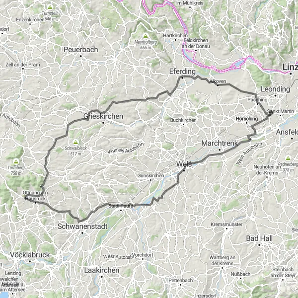 Miniature de la carte de l'inspiration cycliste "Le tour des collines du Hausruck" dans la Oberösterreich, Austria. Générée par le planificateur d'itinéraire cycliste Tarmacs.app