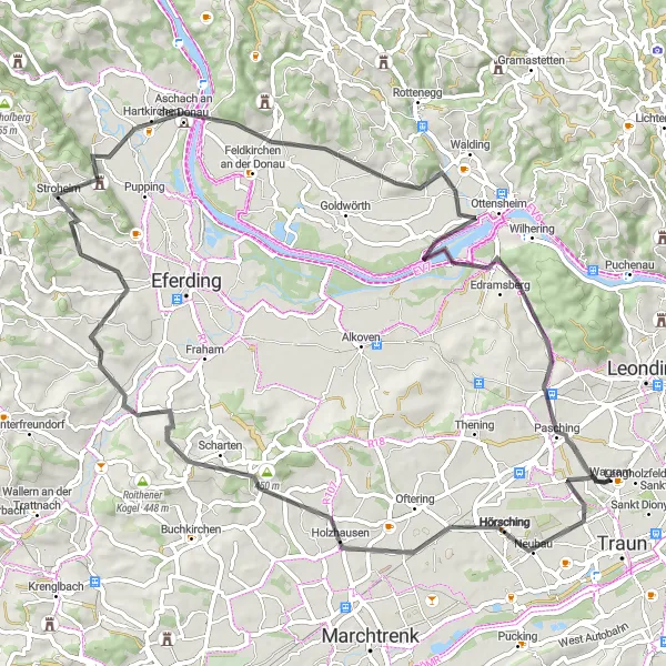 Miniaturní mapa "Okolím Langholzfeld – Hörsching – Scharten – Hartkirchen – Schloss Ottensheim - Rosenfeldweg - Pasching" inspirace pro cyklisty v oblasti Oberösterreich, Austria. Vytvořeno pomocí plánovače tras Tarmacs.app