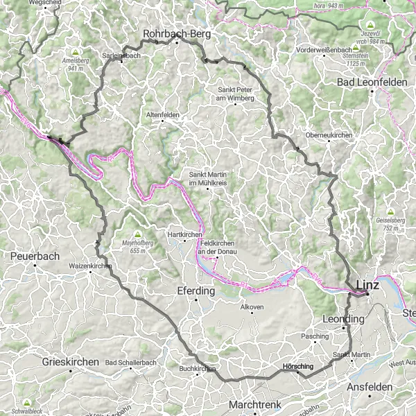 Zemljevid v pomanjšavi "Kolesarska pot ÄŒudovita pot okoli Linza" kolesarske inspiracije v Oberösterreich, Austria. Generirano z načrtovalcem kolesarskih poti Tarmacs.app