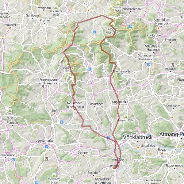 Miniatua del mapa de inspiración ciclista "Ruta de ciclismo de grava de Lenzing a Pumberg y Timelkam" en Oberösterreich, Austria. Generado por Tarmacs.app planificador de rutas ciclistas