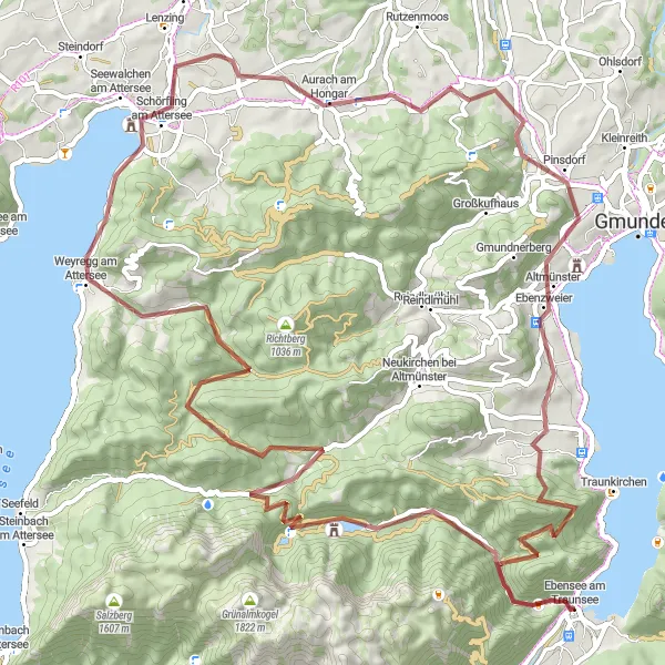 Kartminiatyr av "Attersee - Aurach am Hongar Gravel Adventure" sykkelinspirasjon i Oberösterreich, Austria. Generert av Tarmacs.app sykkelrutoplanlegger