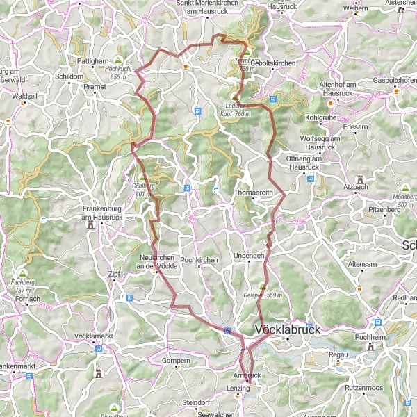 Miniatua del mapa de inspiración ciclista "Ruta de caminos de tierra y bosques" en Oberösterreich, Austria. Generado por Tarmacs.app planificador de rutas ciclistas