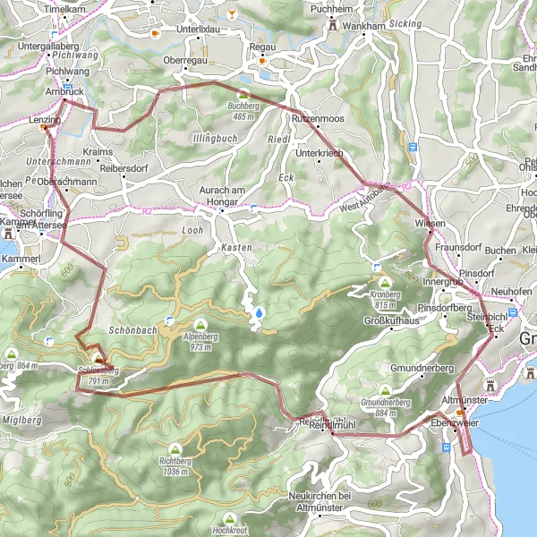Map miniature of "Scenic Gravel Ride through Lenzing Region" cycling inspiration in Oberösterreich, Austria. Generated by Tarmacs.app cycling route planner