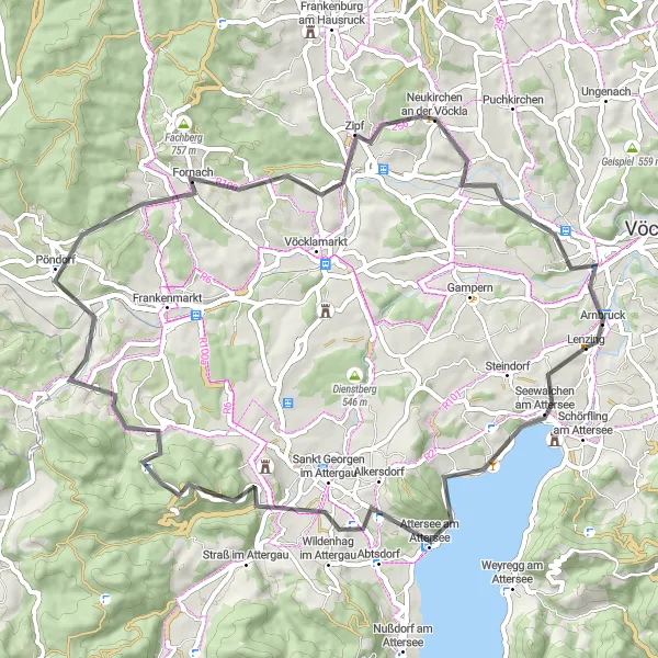 Miniatua del mapa de inspiración ciclista "Ruta de lagos y paisajes" en Oberösterreich, Austria. Generado por Tarmacs.app planificador de rutas ciclistas