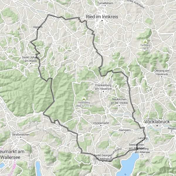 Map miniature of "The Heart of Salzkammergut" cycling inspiration in Oberösterreich, Austria. Generated by Tarmacs.app cycling route planner