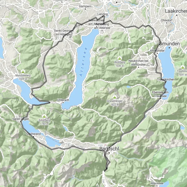 Map miniature of "The Lakes Ride" cycling inspiration in Oberösterreich, Austria. Generated by Tarmacs.app cycling route planner