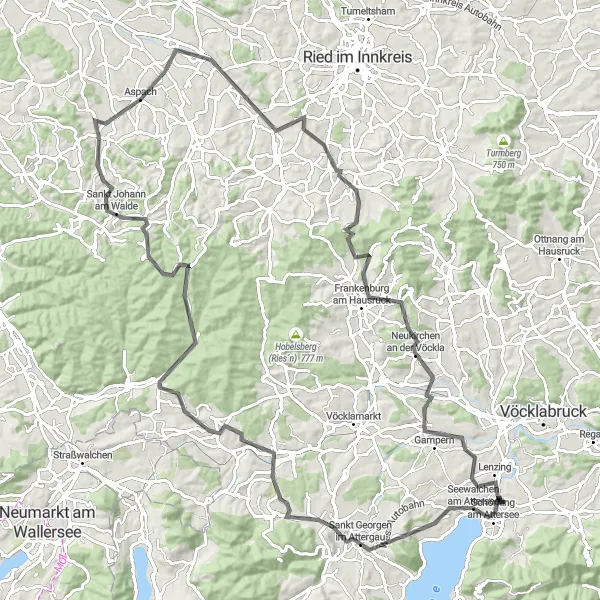 Map miniature of "Attersee Tour" cycling inspiration in Oberösterreich, Austria. Generated by Tarmacs.app cycling route planner